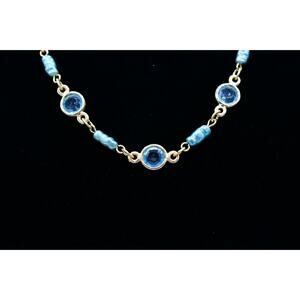 Twin Sisters Necklace Collar Sky Blue Faux Crystal Open Bezel Gold Tone 90s BinM